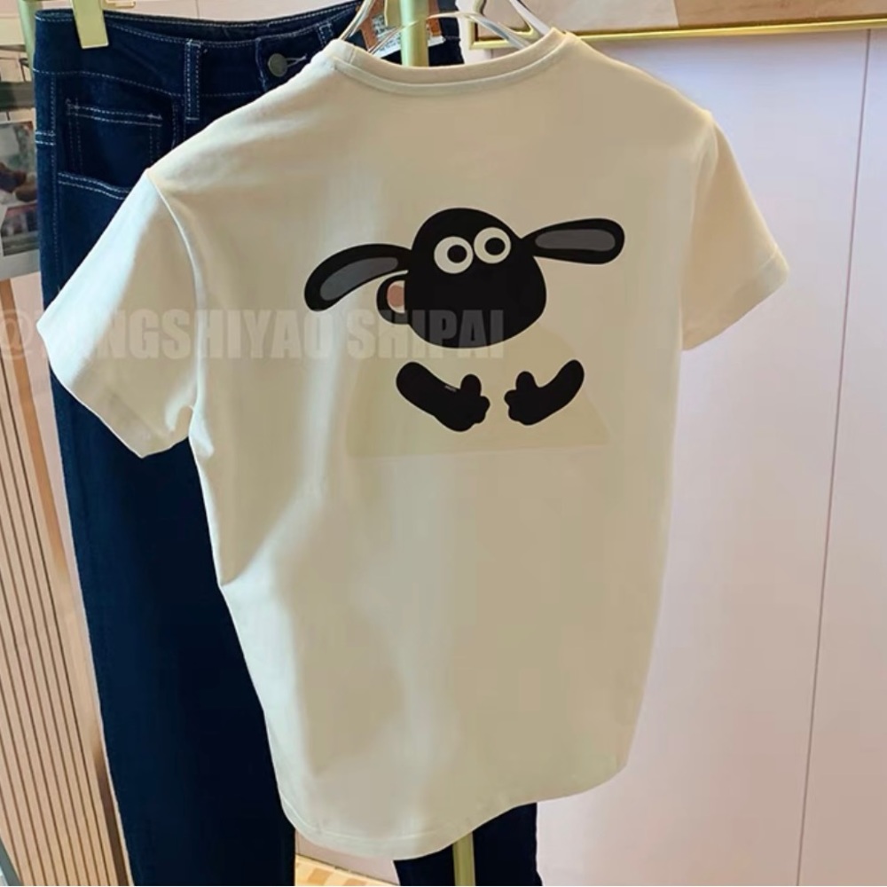 NWT Women Unique Cute Sheep Cartoon Face Short Sleeve Crew Neck T-shirt Size S